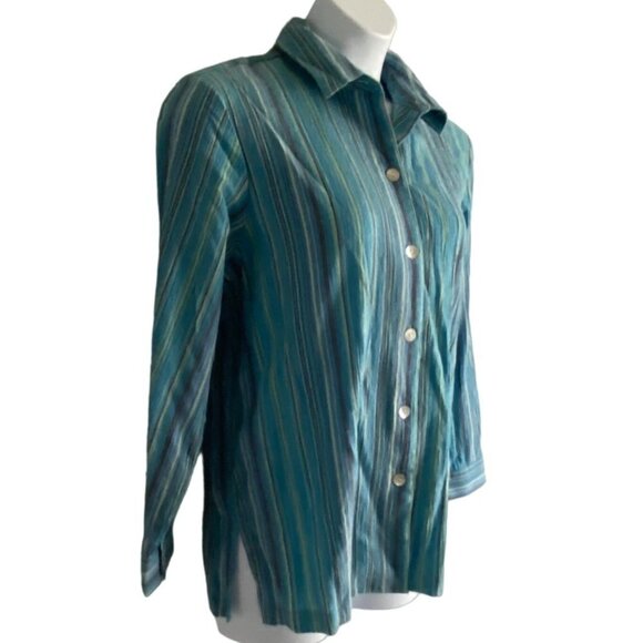 Draper's & Damon's Button Up Top Blue Yellow Stripes Women's Size Large NEW NWT - Picture 3 of 8